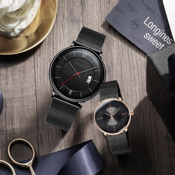 

fantor luxury couple watch men women brand lovers watches quartz wristwatch gift set waterproof mesh watchband casual watch, Slivery;brown