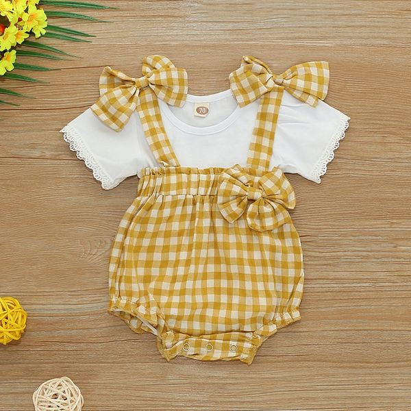 

kid summer baby girl вскользь костюм дышащий soft set топы футболки плед печати ремень шорты с bowknot наряды костюм 1, White