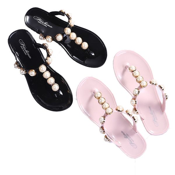 

beach shoes summer flip flops women slippers flat heels slides pearls sequins waterproof pantufa korea soft 2018 summer sandals, Black