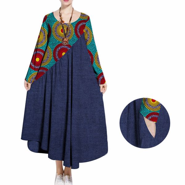 Moda Kadın Kovboy Gevşek Uzun Elbiseler Sonbahar Uzun Kollu Elbiseler Bazin Riche Kadınlar Giyim için Afrika Baskı Elbiseler WY276