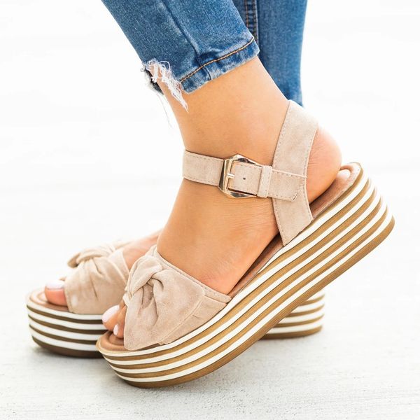 

wenyujh summer platform sandals women lady fashion bow shoes high heel peep sandals solid buckle strap shoes, Black