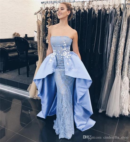 

sexy chic sky blue русалка вечерние платья новое без бретелек аппликация кружева-up назад с overskirt формальных специальных gowns случаю, Black;red