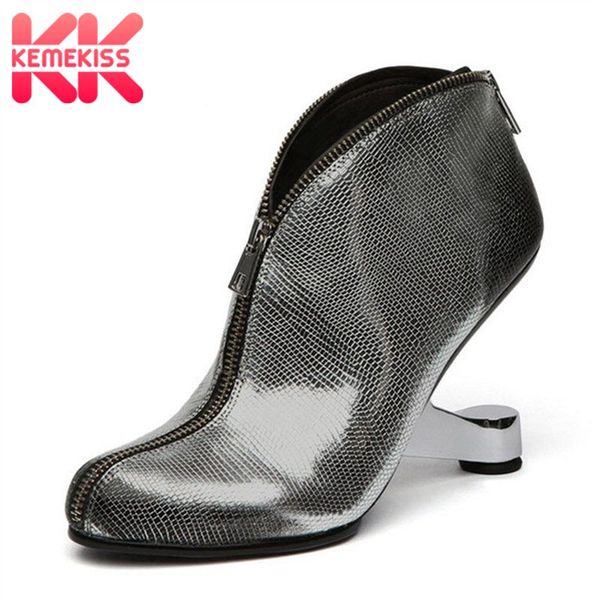 

kemekiss brand women high heel boots genuine leather zipper round toe strange heel shoes fashion ankle boots size 34-39, Black