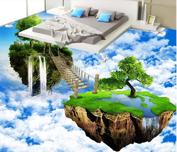 

3d flooring custom p waterproof pvc floor wall sticker aerial island wooden bridge white clouds 3d wall murals wallpaper for living room