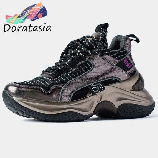 

doratasia new ins girl patent genuine leather sneakers women 2020 high platform dad shoes woman casual flats ladies, Black