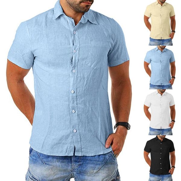 

short sleeve shirts men streetwear camisa 2019 men's baggy cotton blend pocket solid short sleeve turn-down collar shirts -3xl, White;black