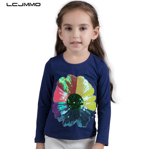 

lcjmmo spring girls t-shirt sequins sunflower sweater print pullover long sleeve kids cotton t shirts children clothes 2-8y, Blue