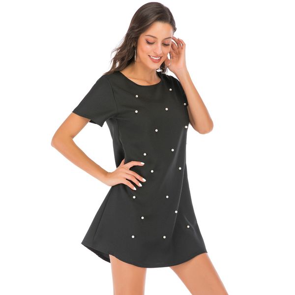 

casual black party dress women 2019 summer o-neck short a-line sleeve short beaded mini dress women korea stylevestidos verano, Black;gray