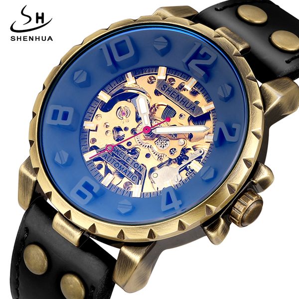 

unique shenhua mechanical watch men automatic skeleton steampunk wrist watch colored glass leather band male clock reloj hombre, Slivery;brown
