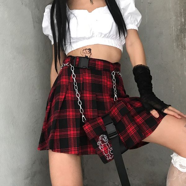 

японский jk униформа красный плед женщины плед сексуальный хит цвет панк женский готический стиль плиссированные темные девушки бюст юбка, Black