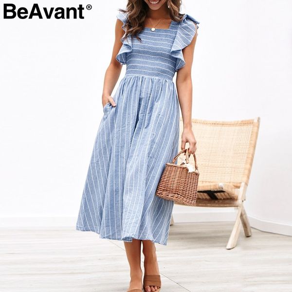 

beavant striped pleated summer long dresses women elegant ruffle sleeve pinafore blue dress casual pockets linen dress vestidos, Black;gray
