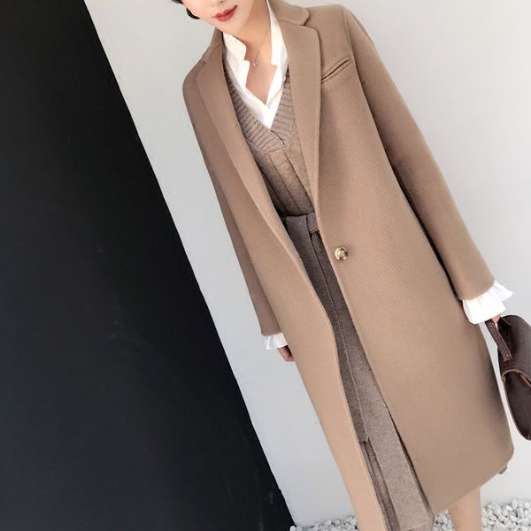 

new double faced woolen overcoat medium length suit collar coat women's autumn and winter camel women's khaki outwear single, Black
