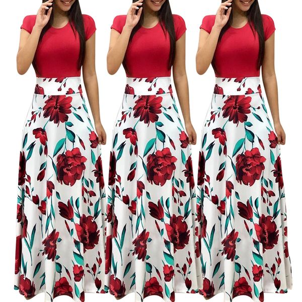 

Fa hion european ummer hort leeve long dre women floral printed girl dre beach party maxi patchwork high wai t dre