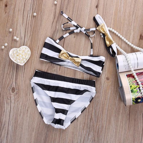 

pudcoco girl swimsuits 2y-7y children baby girls striped bowknot 3pcs bikini set swimwear swimsuit swimming, White
