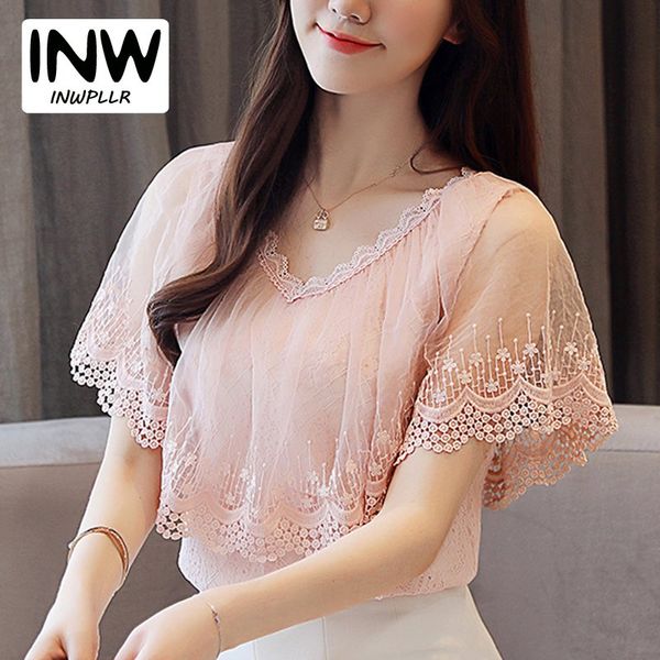 

new arrival lace women 2019 korean chiffon blouse shirt summer short sleeve femme shirts ruffle patchwork pink blusas, White