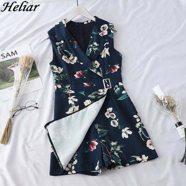 

heliar 2019 women playsuits lady floral printed pumpsuits with sashes rompers lapel sleeveless party cloth female playsuit, Black;white