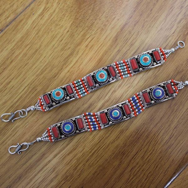 

br045 ethnic tibetan cuff bracelets for women copper inlaid colorful stone clasp bracelet nepal india jewelry, White