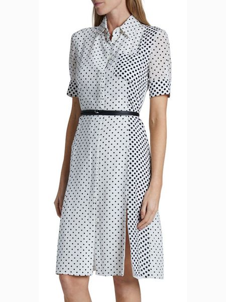 

polka dot print women dress turn down collar split dresses with belt, Black;gray