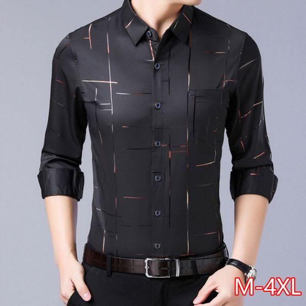 

2020 brand casual plaid luxury plus size long sleeve slim fit men shirt spring social dress shirts mens fashions, White;black