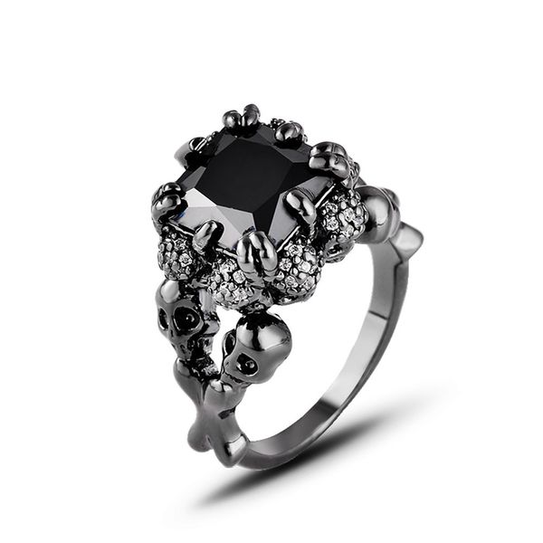 

[ddisplay]luxury classy skeleton micro-zircon ring ghost head sliver hand ornaments black gem fashion zircon rings, Silver