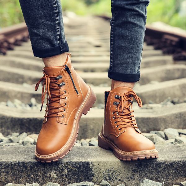 

2019 leather men's boots winter autumn snow boots winter fur waterproof ankle outdoor work, Black