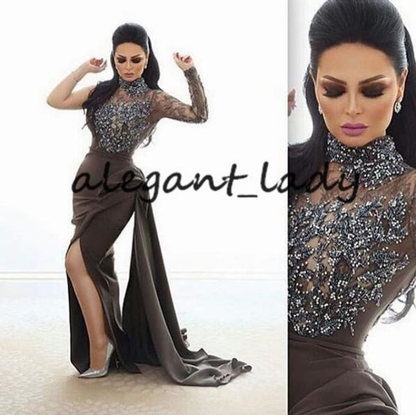 

grey stain mermaid evening wear gowns with ribbon 2020 one shoulder long sleeve lace crystal women arabic occasion prom dresses, Black