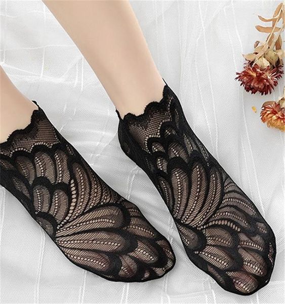 

skinny ankle length breathable socks floral print ladies short socks fashion female lace pure color clothing womens, Black;white