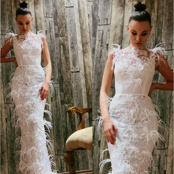 

elegant white mermaid evening dresses high-neck sleeveless prom dress appliqued lace feather custom made floor-length party gown cheap, Black;red