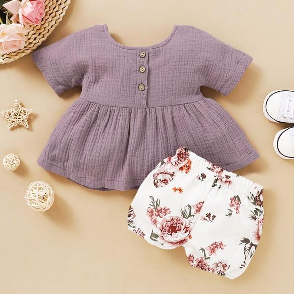 

newborn baby girl clothes little girls short sleeve cotton linen floral print shorts outfit baby girl set 3 6 9 12 18 months, White