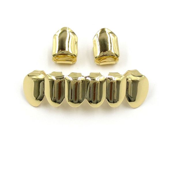 Hip Hop 18K Real Gold Grillz Boca dental Fang Braces Braces Punk liso para cima 2 inferior 6 Dentes Cosplay Cosplay Fantas