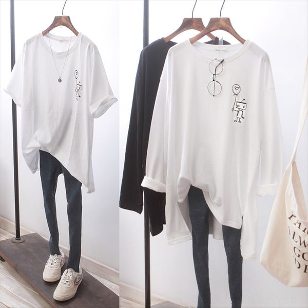 

simple korean style loose large t-shirt size cotton embroidery robot t-shirt women's autumn and summer midi, White