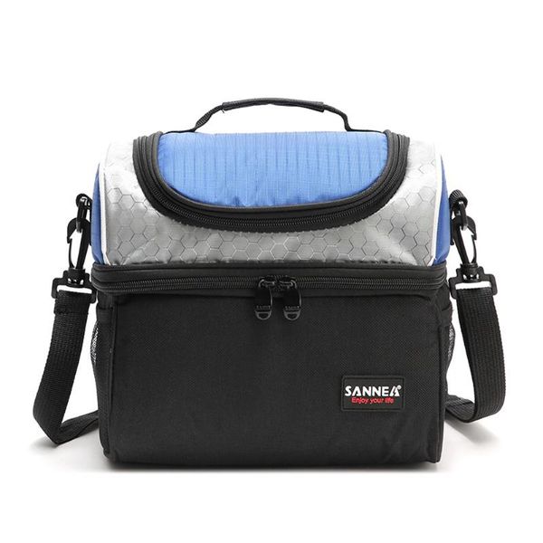 

hand held portable school travel outdoor lunch box bag oxford cloth zipper closure adjustable two layers thermal insulation work, Blue;pink