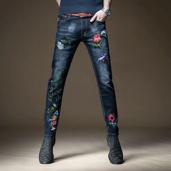 

men's jeans 2021 male embroidered national slim pants chinese style classical trend casual denim trousers, Blue