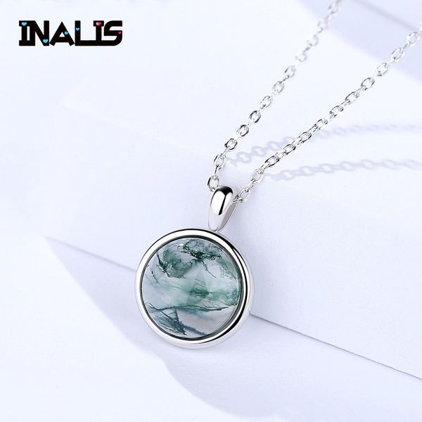 

inalis new unique statement link chain charming necklace s925 sterling silver round agate pendant for women wedding jewelry