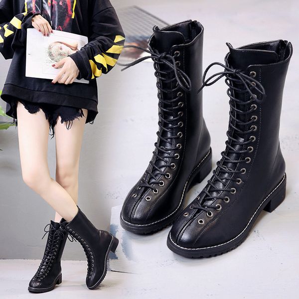 

knight boots women fashion rivets leather middle boot british style nice autumn winter platform round toe lace-up casual boots, Black