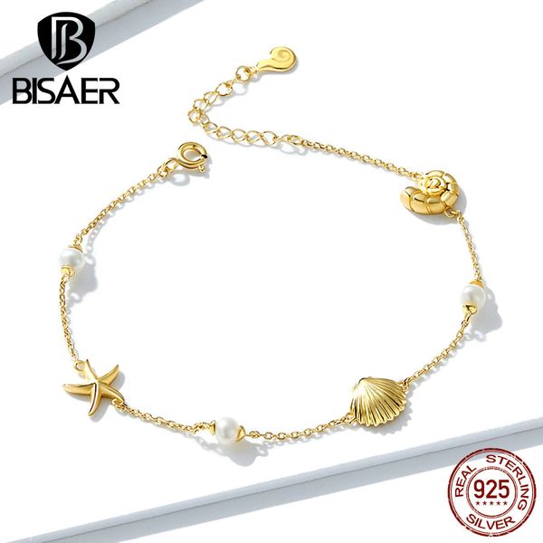 

women bracelets bisaer 925 sterling silver summer tropical starfish silver chain bracelets for women silver jewelry efb025, Golden;silver