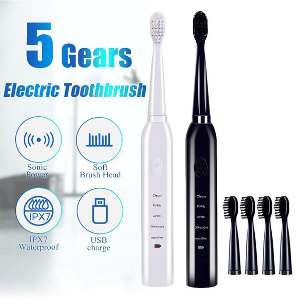 

ultrasonic sonic electric toothbrush usb charge rechargeable tooth brushes with 4 pcs replacement heads timer teeth brush
