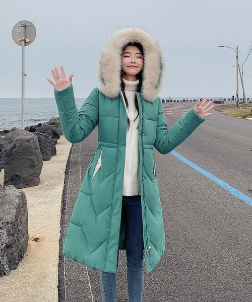 

casual warm long parka women 2019 full sleeve thick padded jacket hooded pockets woman winter coats and jackets, Black