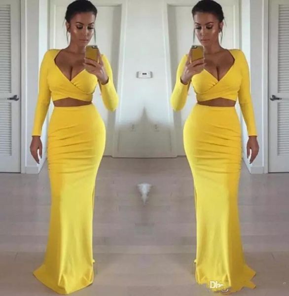 

2019 yellow v neck prom dresses long sleeves two pieces mermaid formal evening gowns party dress, Black