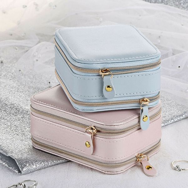 

jewelry box zipper leather storage organizer jewelry holder packaging display travel case gift boxes for women, Pink;blue
