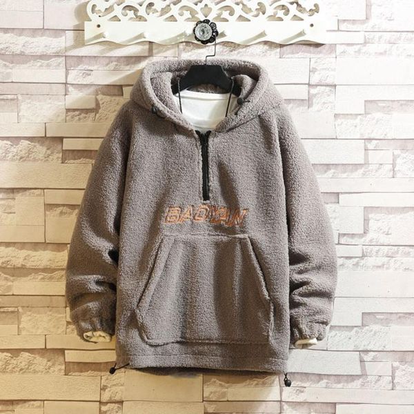 

fleece hoodies men lamb plush zipper coat hooded autumn winter sweatshirt solid color letter hoodies jacket hoodie outwear gh4, Black