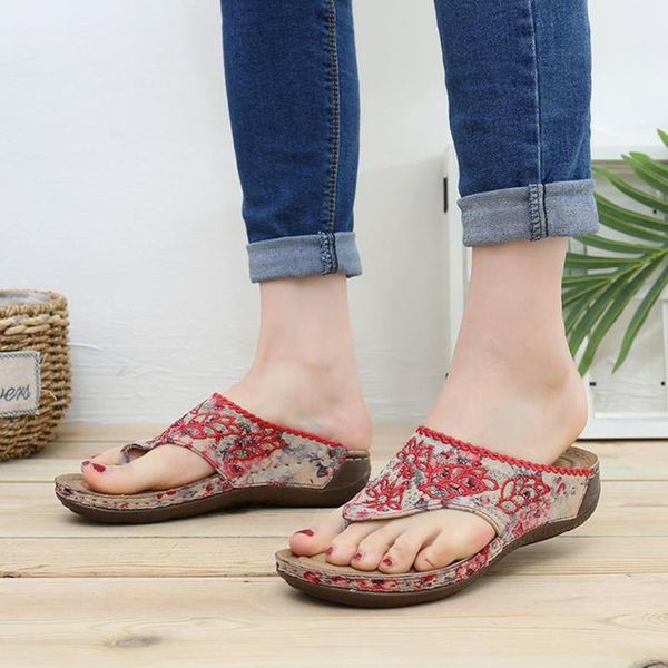 

embroidery flower slippers woman summer flip flops causal wedges shoes for women zapatillas de mujer woman slippers pantuflas, Black