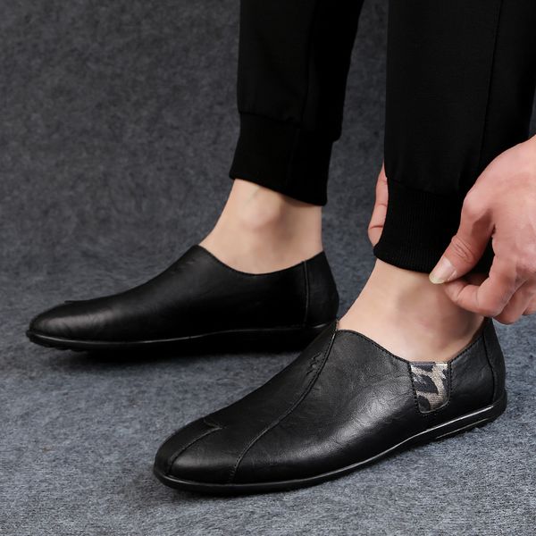 

large size 37-46 outdoor men genuine leather soft slip-on shoes male comfortable driving shoes casual business loafers men, Black