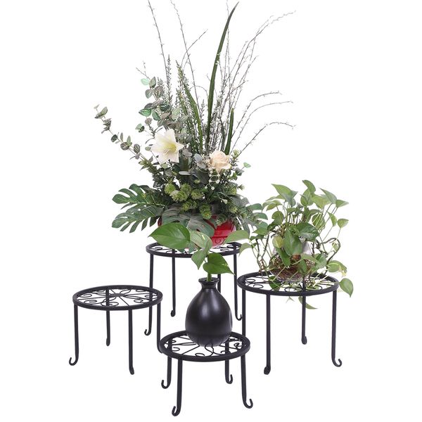 

4 pcs black paint round patterned plant rack indoor and outdoor flower pot rack garden plant rack garden decoration