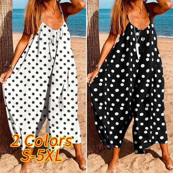 

vonda women wide leg overalls vintage polka dot printed jumpsuits bohemian holiday dungarees sleeveless casual overalls, Black;white