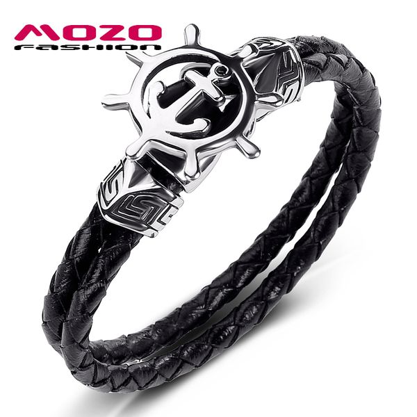 

mozo fashion 2020 men jewelry black genuine leather bracelets stainless steel punk anchor rudder charm simple women bracelet 540, White