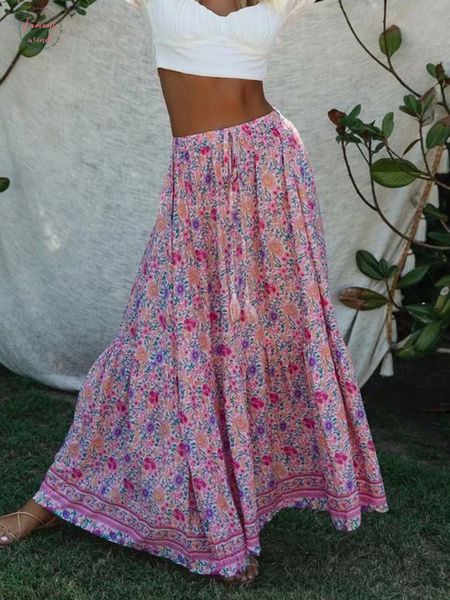 

kiyumi boho floral printed skirt high waist split maxi rayon skirt vintage beach loose casual 2019 summer long pink skirts, Black