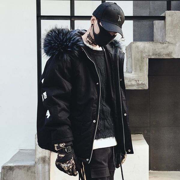 

men winter thick fur collar hooded parkas jacket male streetwear hip hop punk cotton padded coat fashion overcoat black