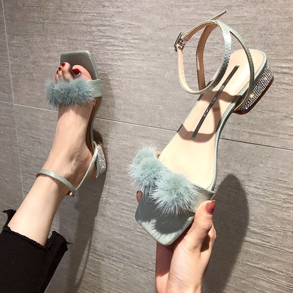 

all-match block heels 2020 summer clear sandals female shoe spring shoes tassel flip fur med buckle strap chunky ladies woman, Black