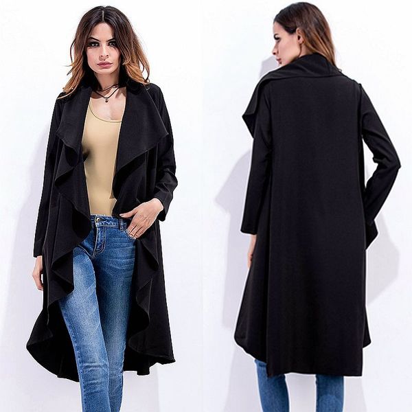 

windbreaker female coat thin jacket lapel splice skirt type european american women fold-down collar irregular beltless solid, Black